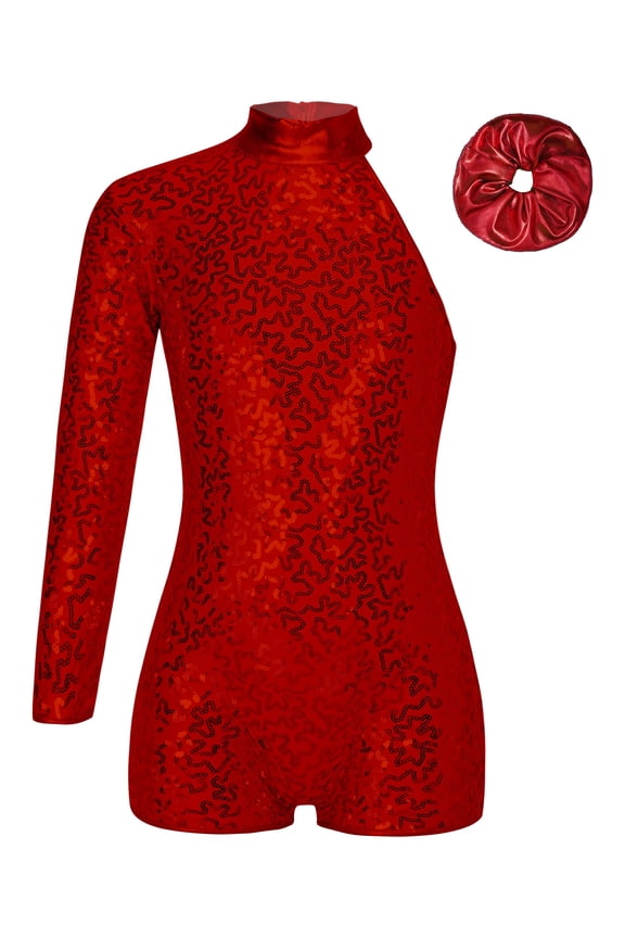 Girls Sequin Single Long Sleeve Jazz Latin Dance Unitard One Piece Shorts Biketard Bodysuit Dancewear Red 8