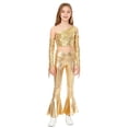 thumbnail image 1 of TSSOE Girls Sequined Tassels Jazz Latin Dance Crop Top with Metallic Flare Pants Hip Hop Dance Outfits Disco Party Set Gold 16, 1 of 7