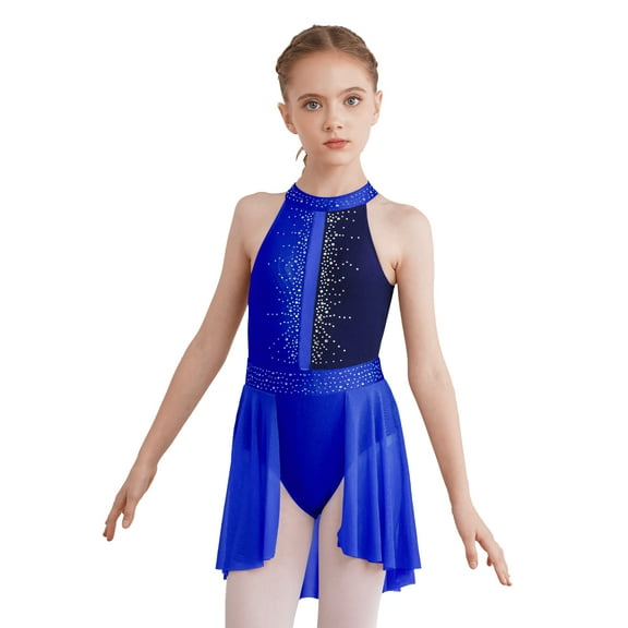 TSSOE Girls Sequins Ballet Dance Lyrical High Low Chiffon Dress Kids Leotard with Irregular Skirt Costume Blue 8