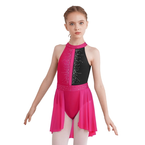 TSSOE Girls Sequins Ballet Dance Lyrical High Low Chiffon Dress Kids Leotard with Irregular Skirt Costume Hot Pink&Black 8
