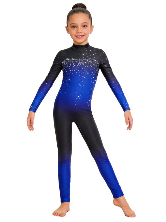 Girls Shiny Diamond Gymnastics Dance Unitards Long Sleeve Mock Neck Gradient Figure Skating Jumpsuit For Ice Show Blue 14