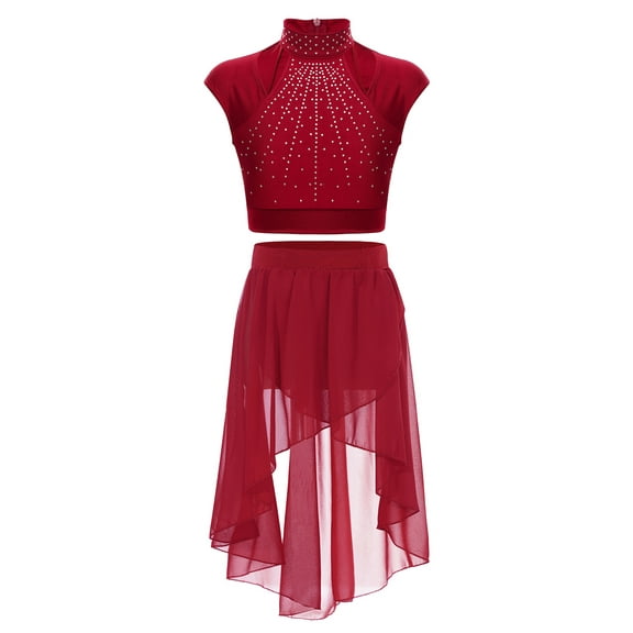 TSSOE Girls Shiny Jazz Latin Lyrical Dance Dress Ballet Skirted Leotard Gymnastics Stage Performance Costume Burgundy 6