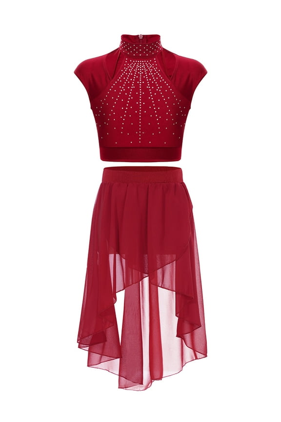 Girls Shiny Jazz Latin Lyrical Dance Dress Ballet Skirted Leotard Gymnastics Stage Performance Costume Burgundy 6