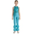 thumbnail image 1 of TSSOE Girls Shiny Metallic Gymnastics Leotard Bell-Bottom Full Body Tank Unitard Jumpsuit Ballet Jazz Dance Costume Blue 12, 1 of 7