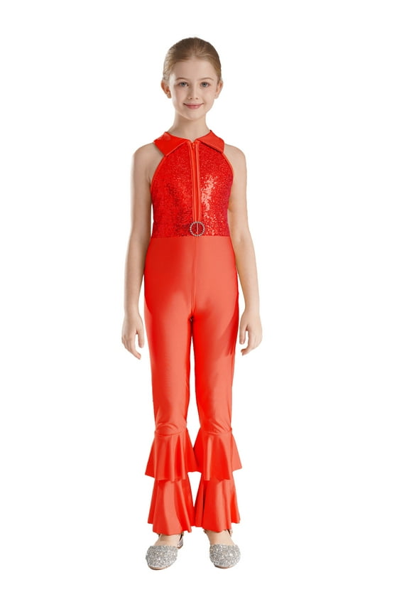 Girls Shiny Metallic Gymnastics Leotard Bell-Bottom Full Body Tank Unitard Jumpsuit Ballet Jazz Dance Costume Red 6
