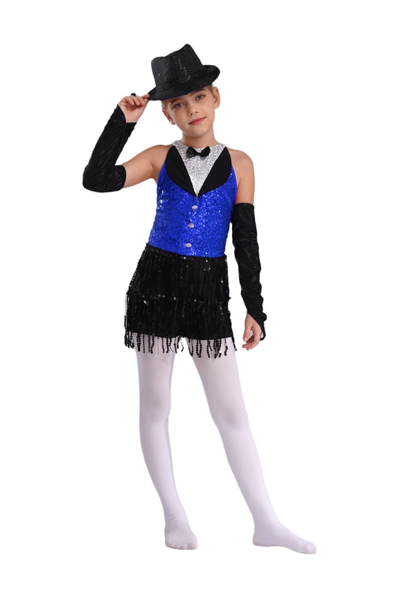 Girls Shiny Sparkle Latin Salsa Ballet Fringe Tassel Jazz Dance Lyrical Dress Dancewear with Gloves Hat Set Blue&Black 12