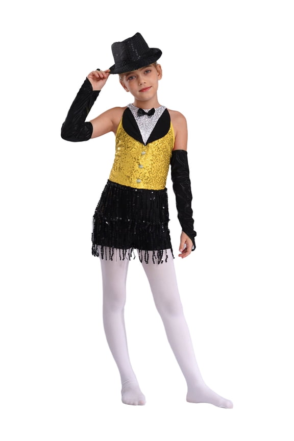 Girls Shiny Sparkle Latin Salsa Ballet Fringe Tassel Jazz Dance Lyrical Dress Dancewear with Gloves Hat Set Yellow&Black 12