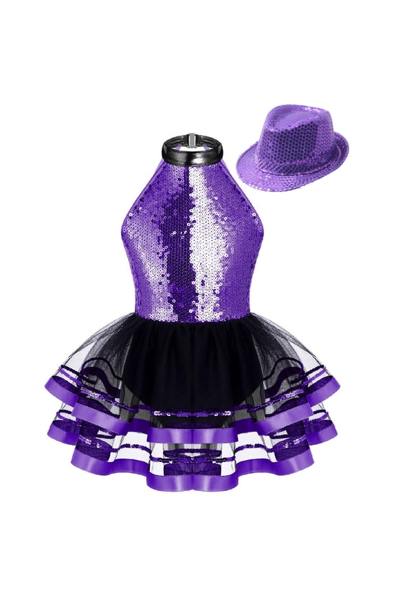 Girls Sleeveless Ballet Tutu Dress Sparkly Sequins Jazz Latin Dance Ballroom Performance Dress and Hat Purple 12