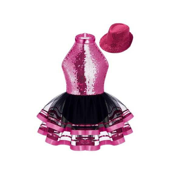 TSSOE Girls Sleeveless Ballet Tutu Dress Sparkly Sequins Jazz Latin Dance Ballroom Performance Dress and Hat Rose 16