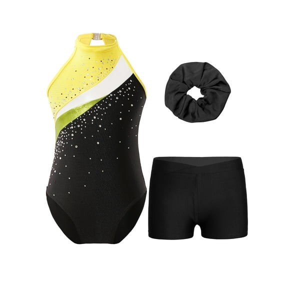 TSSOE Girls Sleeveless Gymnastics Leotard Ballet Dance Unitard Biketard Jumpsuit with Shorts and Hair Band Set Yellow&Black 16