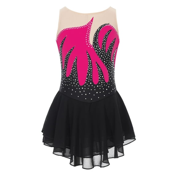 TSSOE Girls Sleeveless Mesh Splice Ice Figure Skating Dress Ballet Gymnastic Dancewear Competition Costume Hot Pink 8
