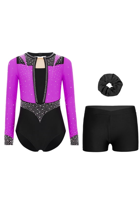 Girls Tank Unitards with Shorts Ballet Dance Set Gymnastics Leotards Athletic Bodysuit Matching Hair Scrunchie Purple Black 6
