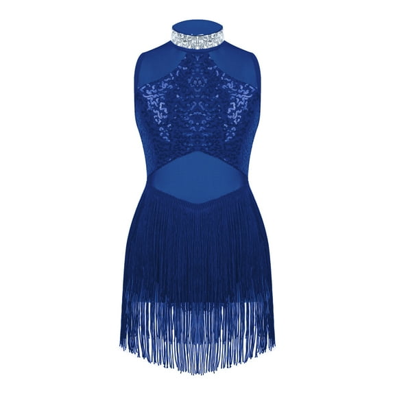 TSSOE Girls Tassel Latin Tango Dance Dress Modern Jazz Dancewear Sequins Gymnastic Leotard Dress Performance Costume Royal Blue 10