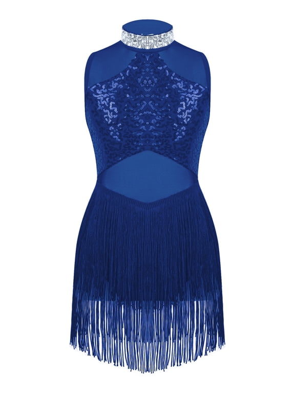 Girls Tassel Latin Tango Dance Dress Modern Jazz Dancewear Sequins Gymnastic Leotard Dress Performance Costume Royal Blue 12