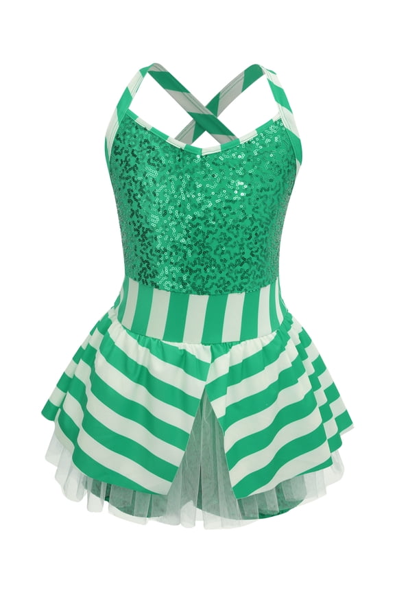 Girls Candy Cane Stripe Sequin Leotard Gymnastics Dance Figure Skating Performance Christmas Clothes Green 6