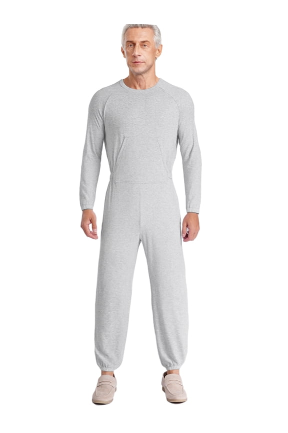 Men's Anti-strip Adaptive Jumpsuit One Piece Crew Neck Long Sleeve Rompers Nursing Jumpsuit Grey L
