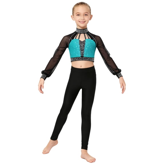 TSSOE Gymnastic Outfits for Girls Cheerleading Jazz Hip-hop Dance Clothes Set Figure Ice Skating Performance Dancewear Blue Green 14