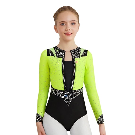 TSSOE Gymnastics Leotard for Girls Sheer Mesh Skating Jumpsuit Ballet Dance Leotard Activewear Bodysuit Fluorescent Yellow 14