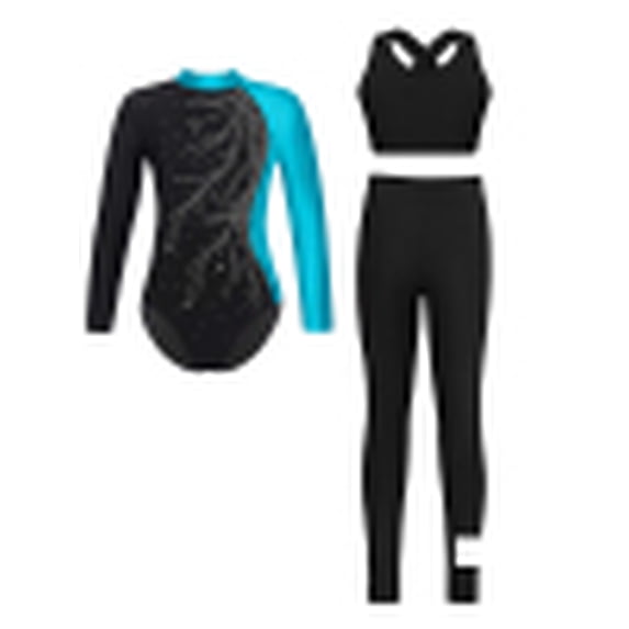 TSSOE Gymnastics Leotards for Girls 3Pcs Tumbling Outfits Ballet Dance Unitards Activewear Set Biketards Lake Blue 14