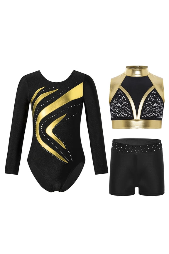 Gymnastics Leotards for Girls Active Set Dance Tumbling Outfit Ballet Jazz Dance Set Crop Top with Shorts Gold 6