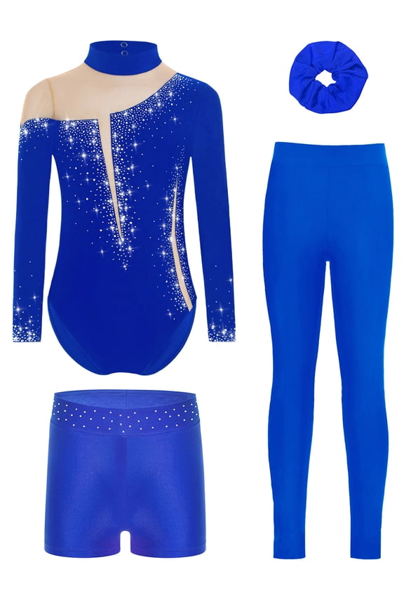 Gymnastics Leotards for Girls Long Sleeve Sparkly Ballet Dance Bodysuit Jumpsuit and Shorts Leggings Scrunchies Set Royal Blue 6