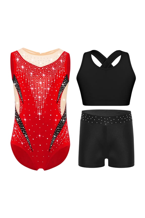 Gymnastics Leotards for Girls Sleeveless Sparkly Dance Biketard Sport Bra Vest with Shorts Ballet Outfit for 5-16 Years Red 16