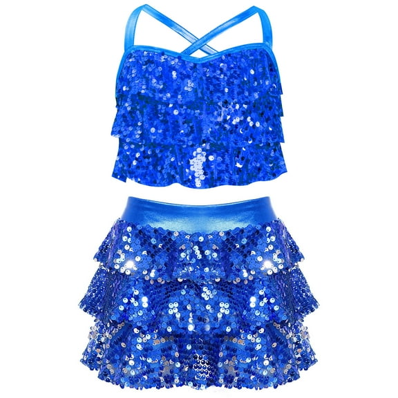 TSSOE Jazz Latin Performance Costume for Girls Sequins Ballet Dance Dress 2-Pieces Lyrical Dance Outfit Blue 10