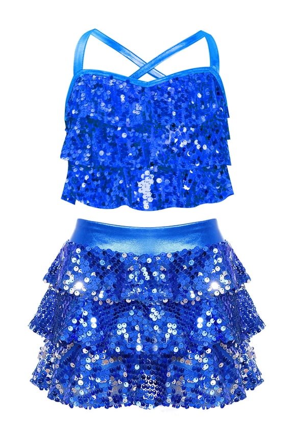 Jazz Latin Performance Costume for Girls Sequins Ballet Dance Dress 2-Pieces Lyrical Dance Outfit Blue 8