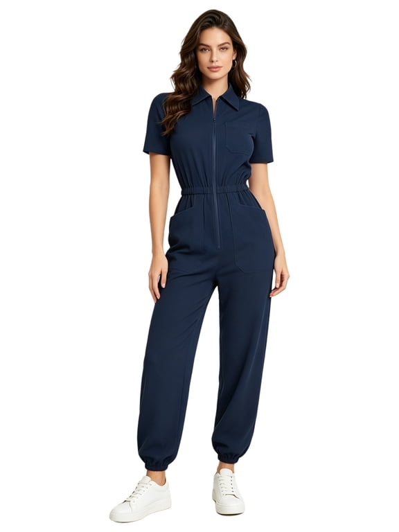Jogger Scrubs Jumpsuit for Women Medical Nursing Uniform Full Body Paint Suit Short Sleeve Nurses Unitard Navy Blue M