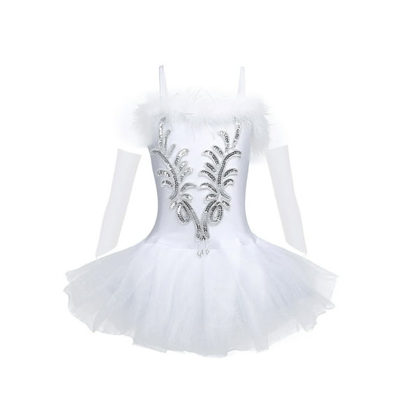 TSSOE Kid's Girls Sequins Fairy Ballerina Dance Costume Stage Performing Ballet Tutu Dress with Gloves Hair Clip Set White 8