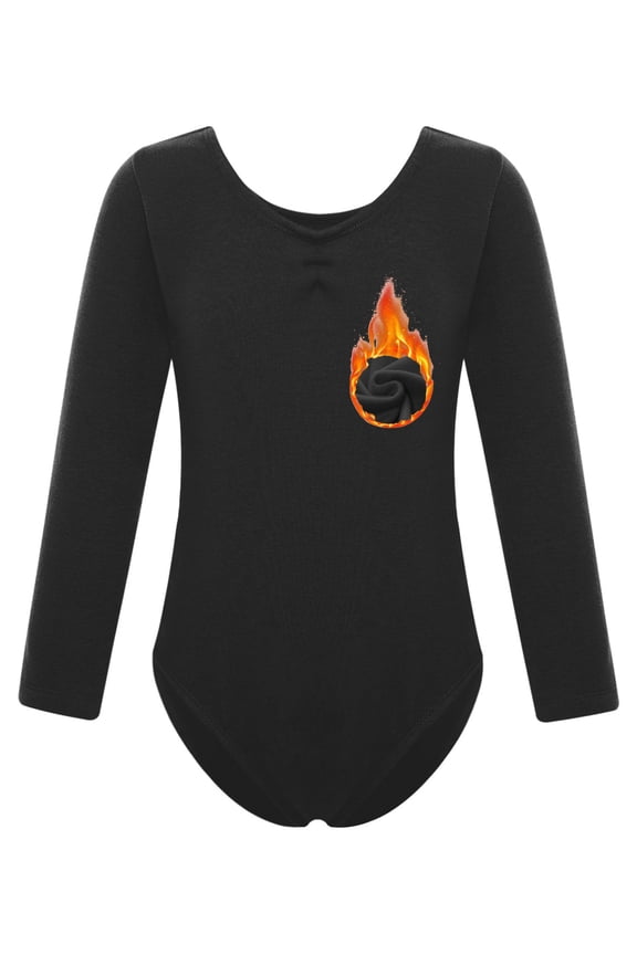 Kids Ballet Dance Leotard Fleece Lined Bodysuit Girls Gymnastics Unitard Undergarment Warm Up Black 140