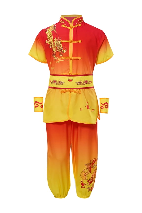 Kids Boy Girl Kung Fu Master Chinese Traditional Clothing Dragon Print Tops with Pants Belt Red&Yellow 150