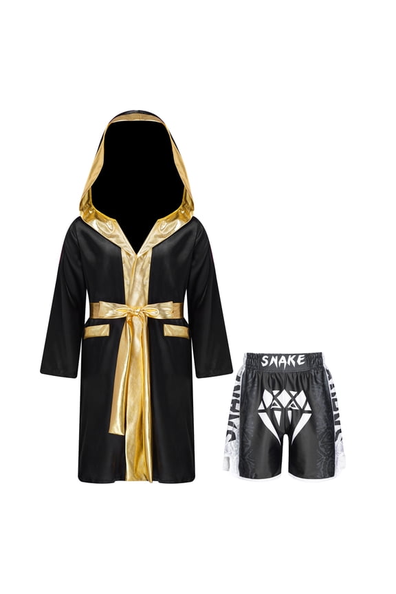 Kids Boys Boxing Outfit Metallic Satin Hooded Sports Muay Thai Robe Grown Cloak with Belt and B1 14