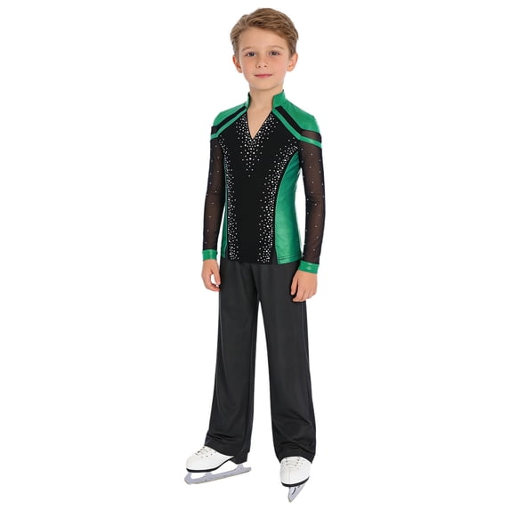 TSSOE Kids Boys Figure Ice Skating Clothing Sets Sparkly Dance Outfit Rhinestone Top And Pants Training Suits Green+Black 12