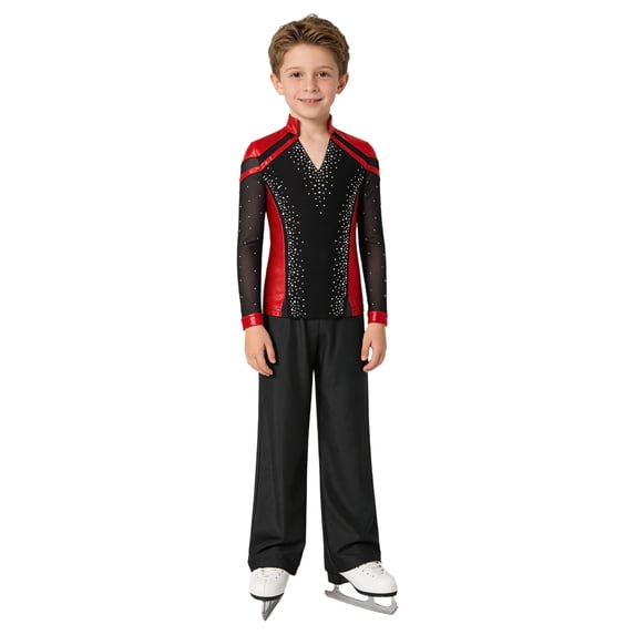 TSSOE Kids Boys Figure Ice Skating Clothing Sets Sparkly Dance Outfit Rhinestone Top And Pants Training Suits Red+Black 10