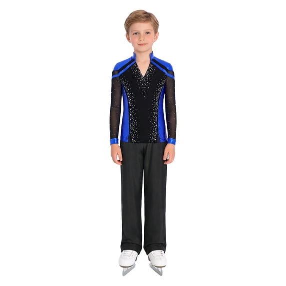 TSSOE Kids Boys Figure Ice Skating Clothing Sets Sparkly Dance Outfit Rhinestone Top And Pants Training Suits Royal Blue+Black 14