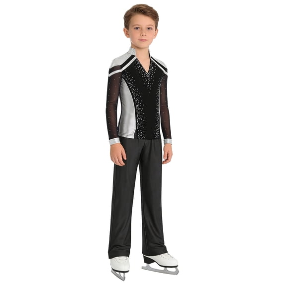 TSSOE Kids Boys Figure Ice Skating Clothing Sets Sparkly Dance Outfit Rhinestone Top And Pants Training Suits Silver+Black 6