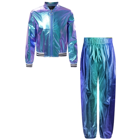 TSSOE Kids Boys Girls Hip Hop Jazz Dance Outfit Shiny Metallic Long Sleeve Bomber Jacket and Cargo Blue 8
