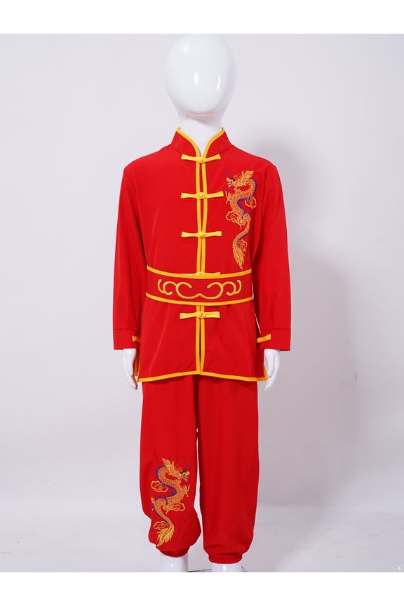 Kids Boys Girls Kung Fu Suit Unisex Children Dragon Embroidery Tai Chi Outfit Chinese Martial Red 120