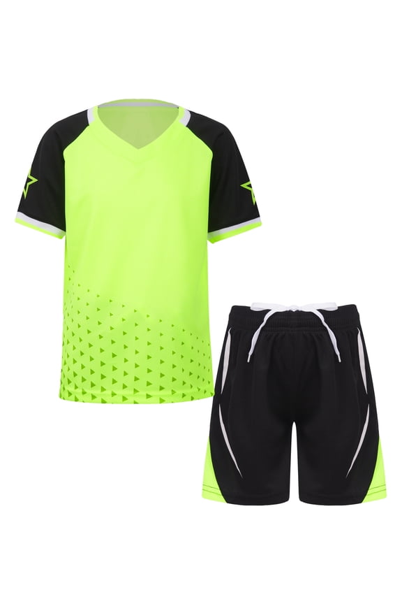 Kids Boys Girls Quickly Dry Football Basketball Sport Suit Color Block V Neck Short Sleeve Green XXS