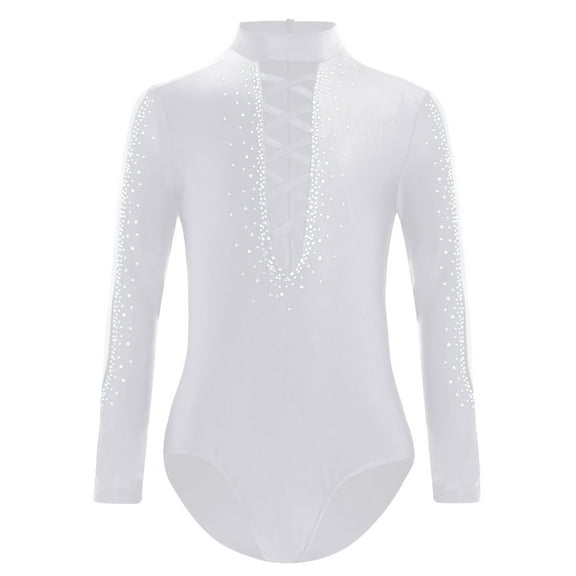 TSSOE Kids Boys Glittery Rhinestone Gymnastic Dance Leotard Long Sleeve Athletic Ballet Dance Skating Dancewear White 8