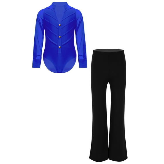 TSSOE Kids Boys Latin Ballroom Dance Leotard with Jazz Pants Long Sleeve Bodysuit Shirt Top Salsa Rumba Dancewear Blue 10