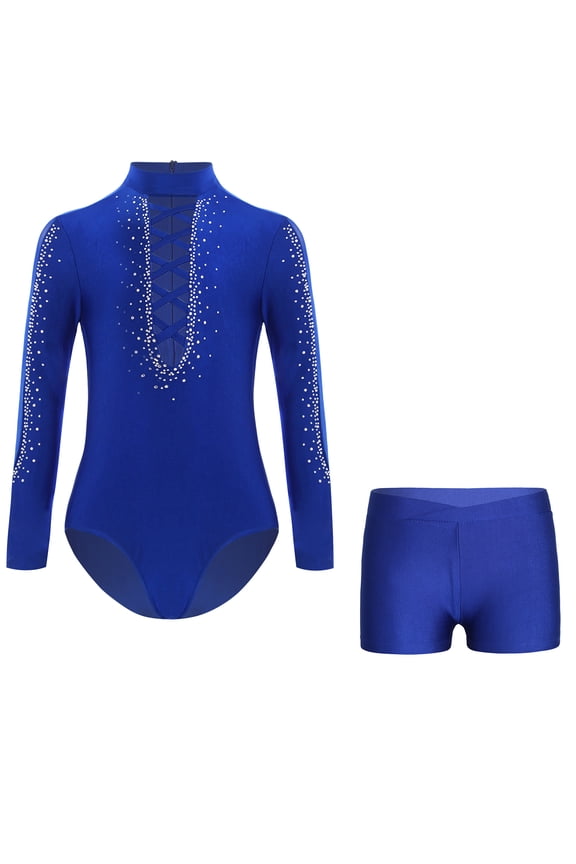Kids Boys Long Sleeve Latin Salsa Ballroom Dance Bodysuit Gymnastics Leotard with Athletic Tumbling Shorts Set Blue 8