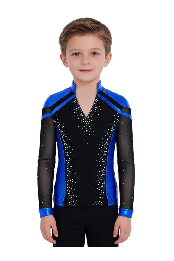 Kids Boys Shiny Rhinestone Long Sleeve Figure Ice Skating Top Tees Performance Competition Training T-Shirts Royal Blue 6