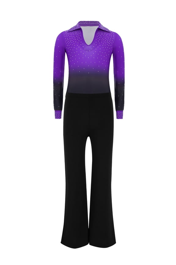 Kids Boys Sparkly Rhinestone Skating Jumpsuit Latin Jazz Modern Ballroom Dance Unitard Leotard and Flared Pants Set Purple 8