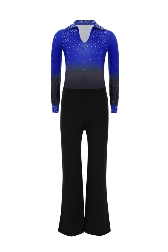 Kids Boys Sparkly Rhinestone Skating Jumpsuit Latin Jazz Modern Ballroom Dance Unitard Leotard and Flared Pants Set Royal Blue 6
