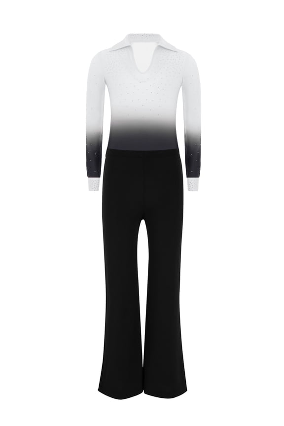 Kids Boys Sparkly Rhinestone Skating Jumpsuit Latin Jazz Modern Ballroom Dance Unitard Leotard and Flared Pants Set White 6