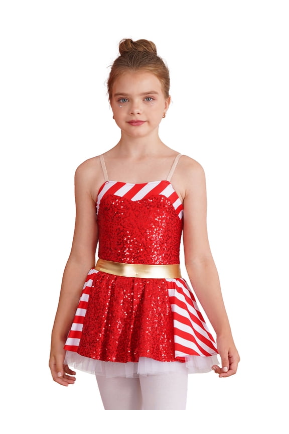 Kids Christmas Elf Clothes Girls Sequin Sleeveless Tutu Dress Ice Skating Ballet Dance Leotard Red 16