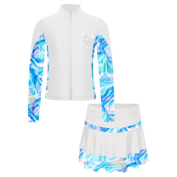 TSSOE Kids Figure Ice Skating Outfit Full Zip Up Jacket Rhinestone Sweatshirt with Colorful Skater White 10