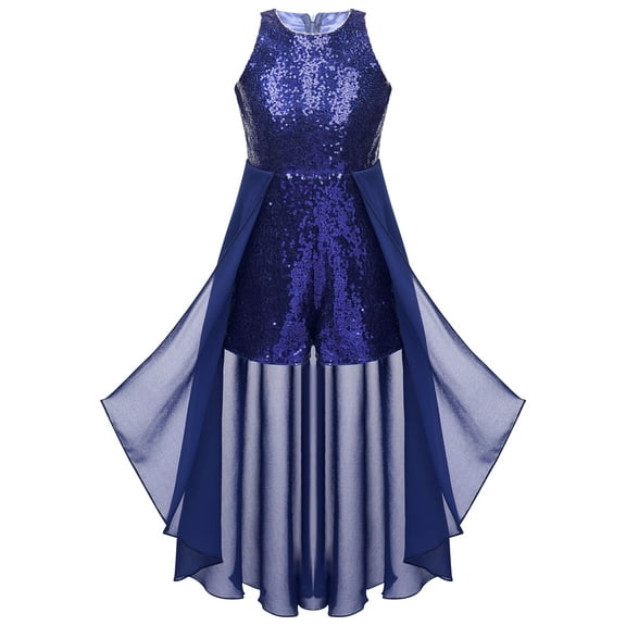 TSSOE Kids Flower Girls Wedding Party Chiffon Sequins Dress Junior Bridesmaid Birthday Sleeveless Navy Blue 14